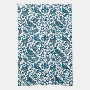 Pheasant and Hare Pattern, Indigo Blue and White Kitchen Towel