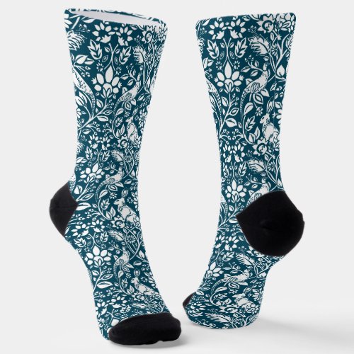 Pheasant and Hare Pattern Indigo Blue and White Socks