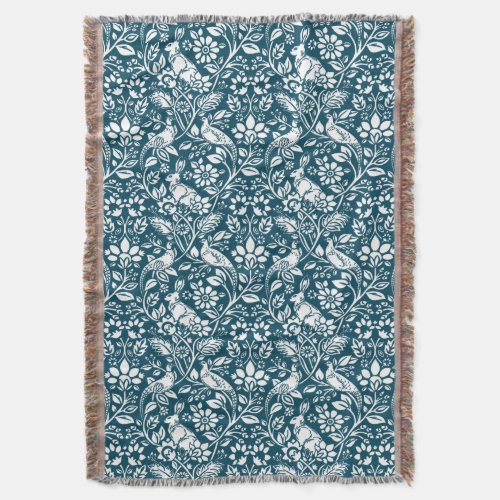 Pheasant and Hare Pattern Indigo Blue and White T Throw Blanket