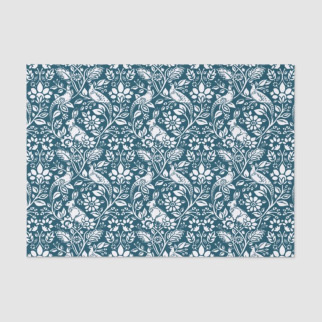 Pheasant and Hare Pattern, Indigo Blue and White Tissue Paper (Front)