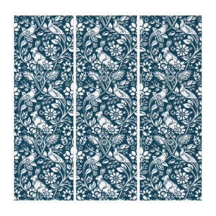 Pheasant and Hare Pattern, Indigo Blue and White Triptych