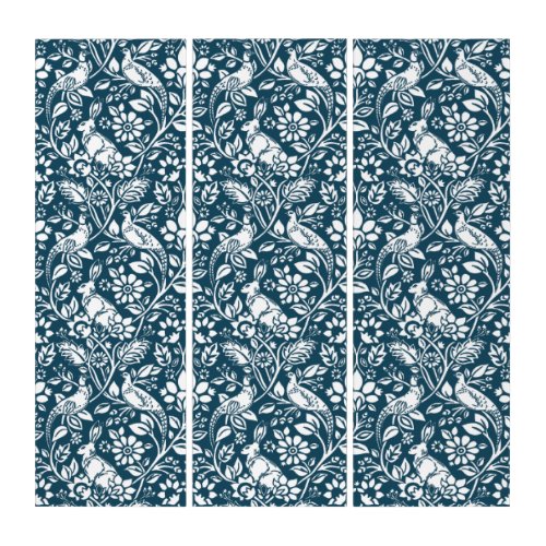Pheasant and Hare Pattern Indigo Blue and White Triptych