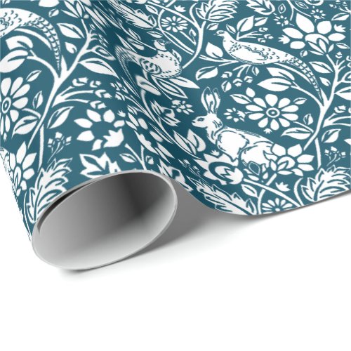 Pheasant and Hare Pattern Indigo Blue and White Wrapping Paper