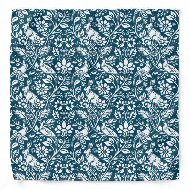 Pheasant and Hare Pattern, Indigo Blue & White Bandana (Front)