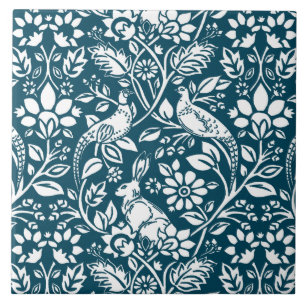 Pheasant and Hare Pattern, Indigo Blue & White Ceramic Tile