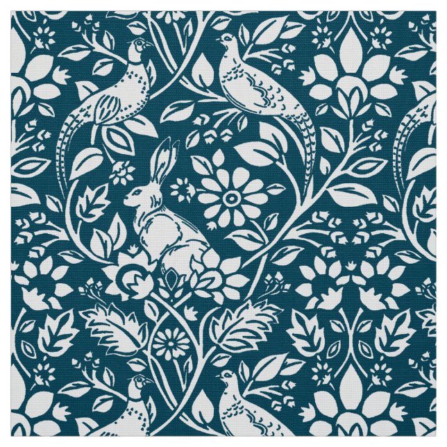 Pheasant and Hare Pattern, Indigo Blue & White Fabric