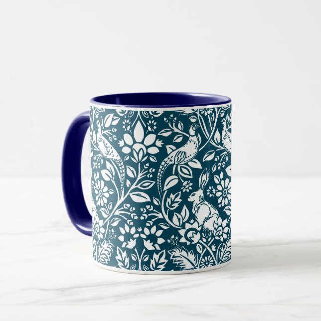 Pheasant and Hare Pattern, Indigo Blue & White Mug (Front Left)