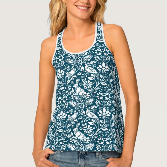 Pheasant and Hare Pattern, Indigo Blue & White Tank Top (Front)