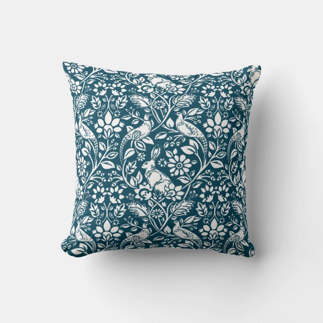 Pheasant and Hare Pattern, Indigo Blue & White Throw Pillow (Front)