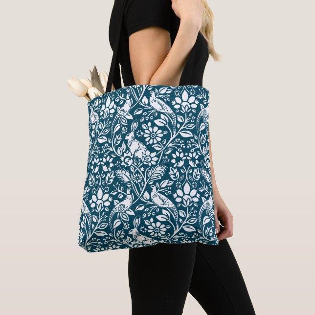 Pheasant and Hare Pattern, Indigo Blue & White Tote Bag (Close Up)
