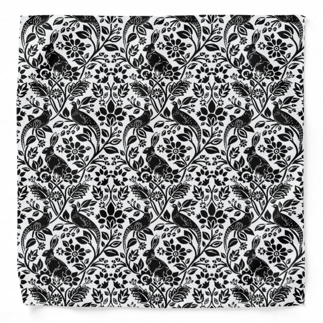 Pheasant and Hare Pattern, White and Black Bandana (Front)