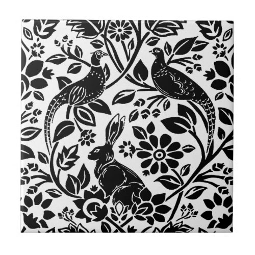 Pheasant and Hare Pattern White and Black Ceramic Tile