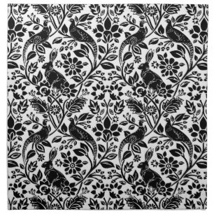 Pheasant and Hare Pattern, White and Black Cloth N Napkin