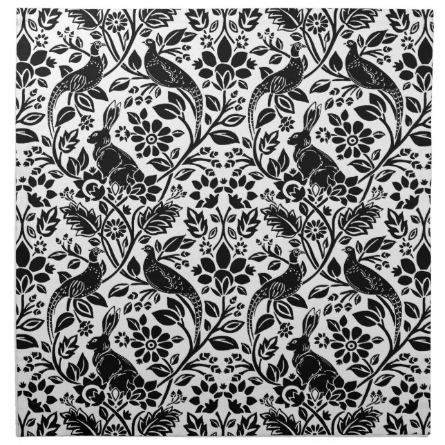 Pheasant and Hare Pattern, White and Black Cloth N Napkin (Front)