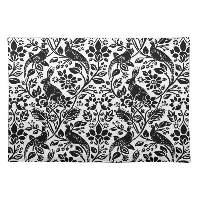 Pheasant and Hare Pattern, White and Black Cloth P Cloth Placemat (Front)