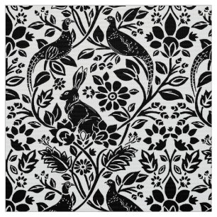 Pheasant and Hare Pattern, White and Black Fabric