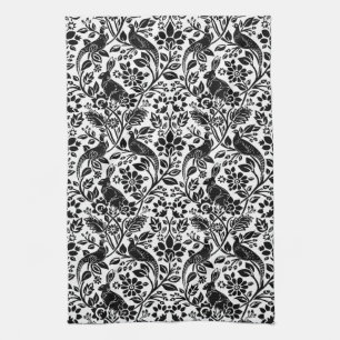 Pheasant and Hare Pattern, White and Black Kitchen Towel