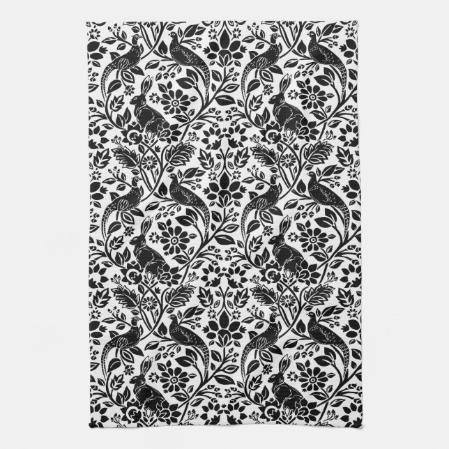 Pheasant and Hare Pattern, White and Black Kitchen Towel (Vertical)