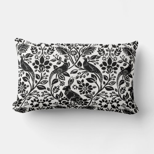 Pheasant and Hare Pattern White and Black Lumbar Pillow
