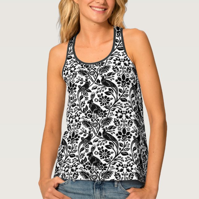 Pheasant and Hare Pattern, White and Black Tank Top (Front)
