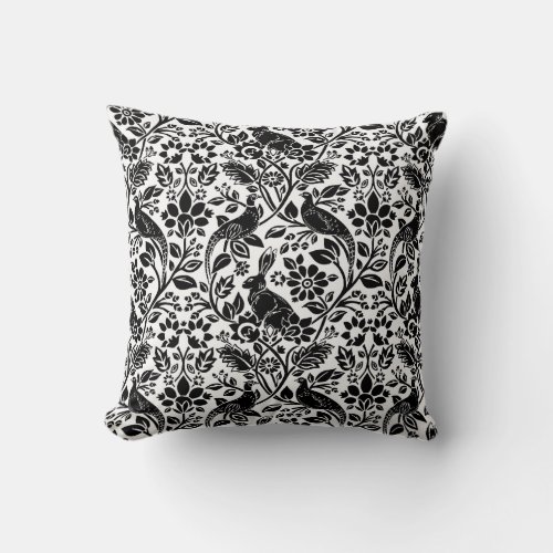Pheasant and Hare Pattern White and Black Throw Pillow