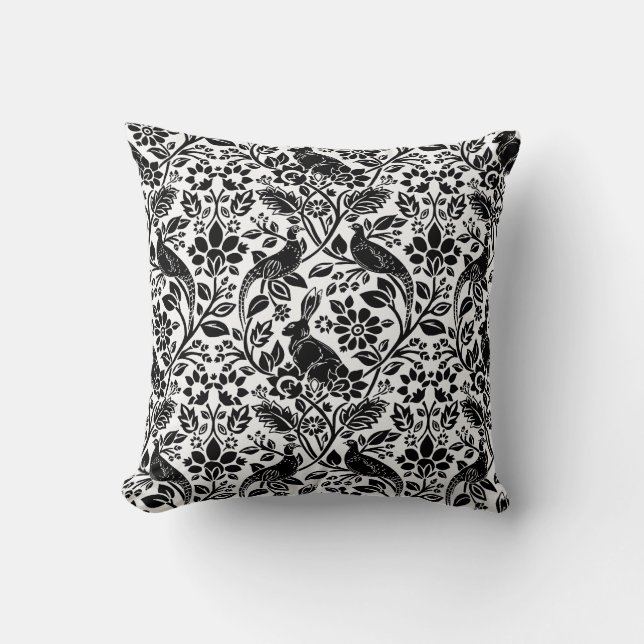 Pheasant and Hare Pattern, White and Black Throw Pillow (Front)