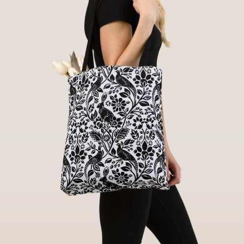 Pheasant and Hare Pattern White and Black Tote Bag