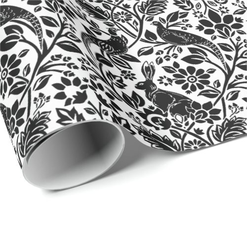 Pheasant and Hare Pattern White and Black   Wrapping Paper