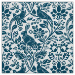 Pheasant and Hare Pattern, White and Dark Blue  Fabric