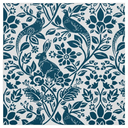 Pheasant and Hare Pattern, White and Dark Blue  Fabric