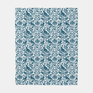 Pheasant and Hare Pattern, White and Dark Blue Fleece Blanket