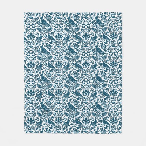 Pheasant and Hare Pattern White and Dark Blue  Fleece Blanket