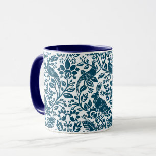 Pheasant and Hare Pattern, White and Dark Blue Mug
