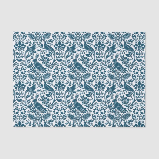 Pheasant and Hare Pattern, White and Dark Blue  Tissue Paper (Front)