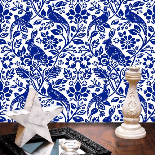 Pheasant and Hare Pattern White and Dark Blue  Wallpaper