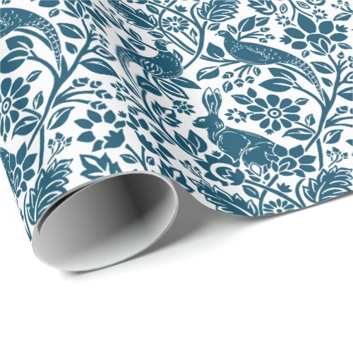 Pheasant and Hare Pattern White and Dark Blue  Wrapping Paper