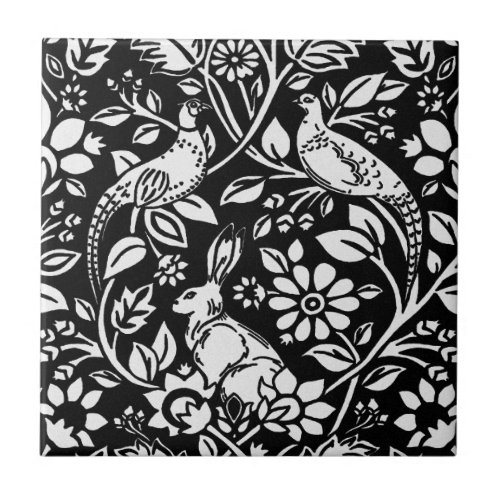 Pheasant and Hare Pattern White on Black  Ceramic Tile