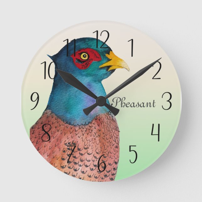 Pheasant Bird Watercolor Painting Watch Round Clock (Front)