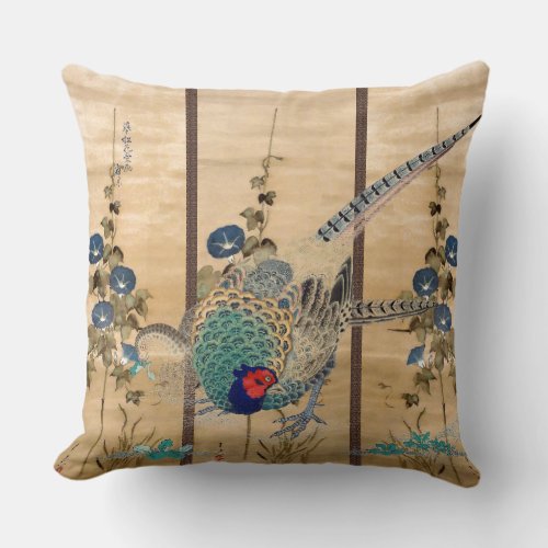 Pheasant Birds Morning Glory Flowers Throw Pillow