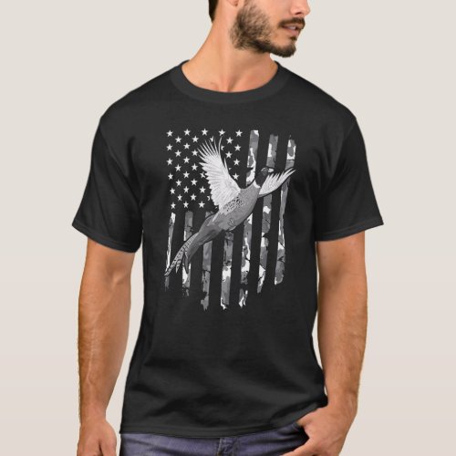 Pheasant Hunting Camouflage Vintage American Flag  T_Shirt