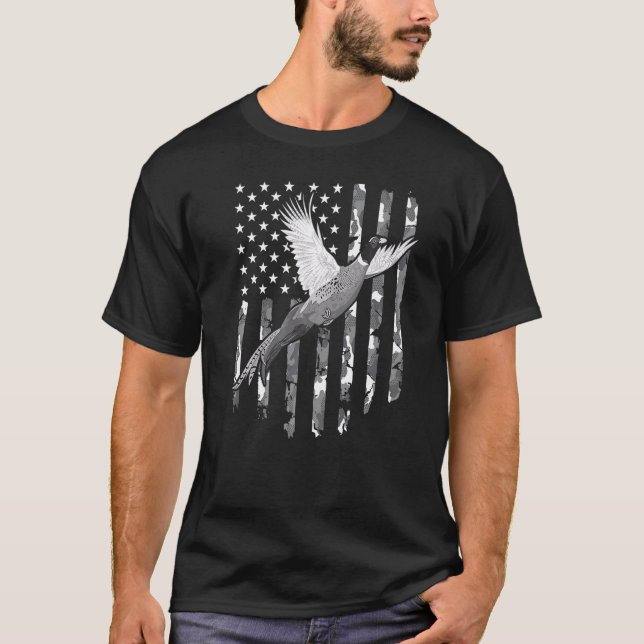 Pheasant Hunting Camouflage Vintage American Flag  T-Shirt (Front)