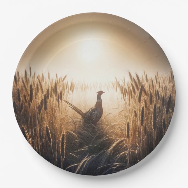 Pheasant in an Autumn Wheat Field Paper Plates (Front)