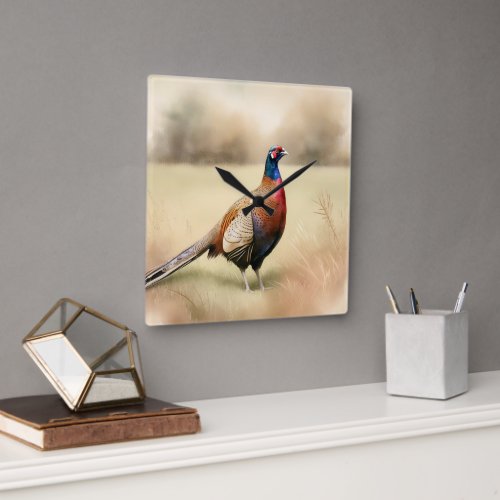 Pheasant In Golden Meadow Square Wall Clock