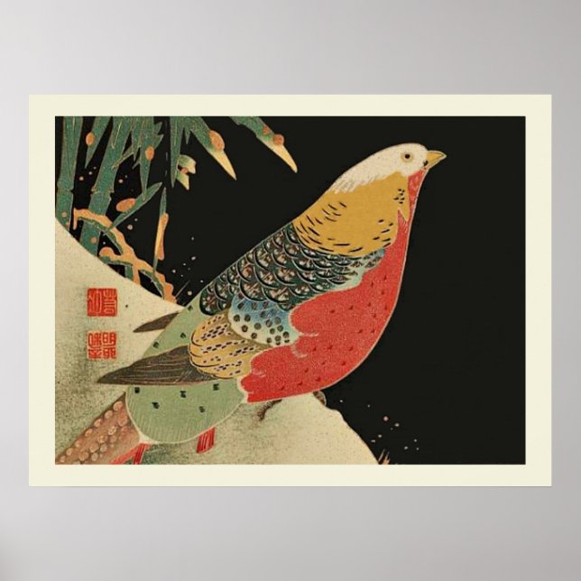 Pheasant in the Snow Japanese Bird Woodcut Poster (Front)