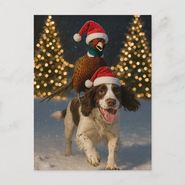 Pheasant on Springer Spaniel Christmas postcard (Front)