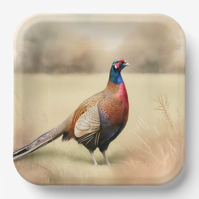 Pheasant Portrait In Golden Meadow Paper Plates (Front)