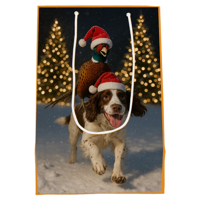 Pheasant riding Springer Spaniel Christmas card Medium Gift Bag (Back)