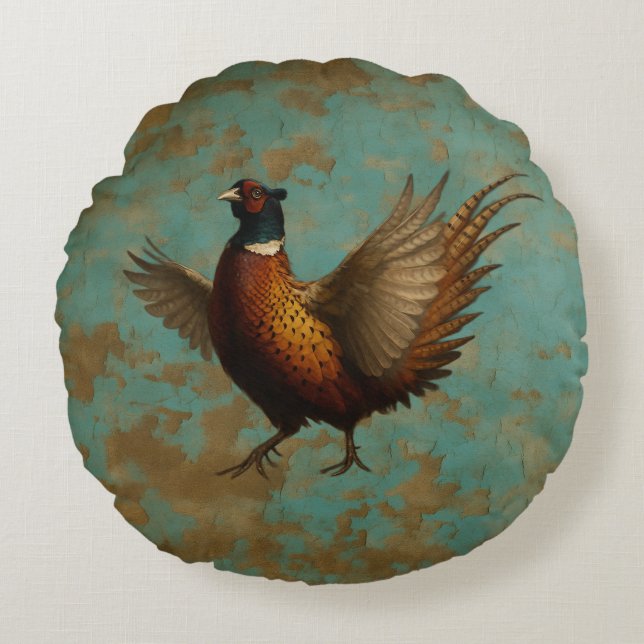 Pheasant strutting round cushion (Front)