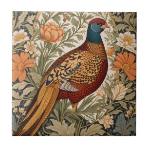 Pheasant Vintage Floral William Morris Inspired Ceramic Tile
