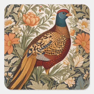 Pheasant Vintage Floral William Morris Inspired Square Sticker